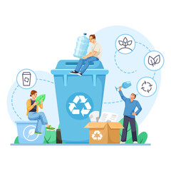 Group of people recycling plastic, glass, and paper near bins, flat style on white background, concept of sustainability and eco awareness. Vector illustration