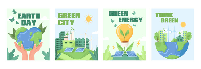 Set of four eco-themed posters showing Earth Day, green city, energy, and sustainability, in flat style on bright backgrounds. Vector illustration
