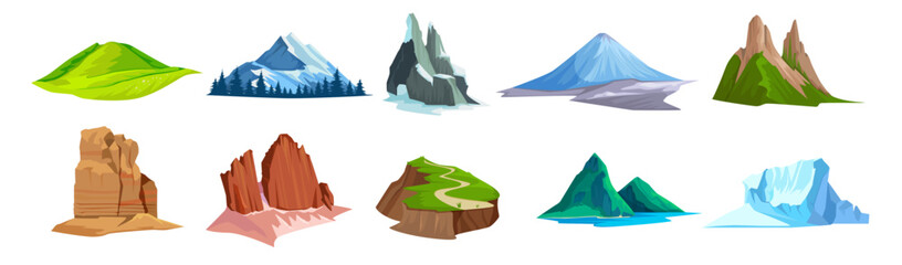 Collection of various stylized mountain shapes with different colors and terrains, flat graphic style, isolated on white. Vector illustration