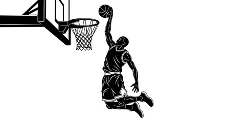 Dynamic silhouette of basketball player soaring for slam dunk, illustrating energy, skill, and sportsmanship in a minimalist style perfect for athletic designs