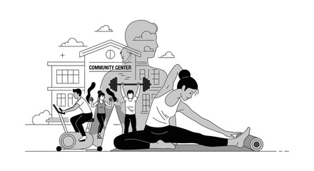 Inspiring community wellness with exercise classes and fitness facilities for healthy living lifestyle in monochrome, promoting fitness and active recreation