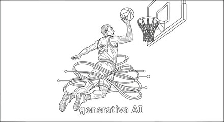 Dynamic basketball player soars for slam dunk with generative AI style, a modern take on sports action suitable for tech companies and athletic brands