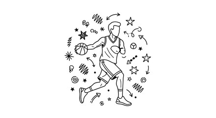 Dynamic basketball player dribbling ball surrounded by playful doodles, stars, and arrows capturing energetic movement and sport.