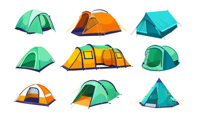 Various types of camping tents in vibrant colors and styles, flat graphic style on white background. Concept of outdoor adventure gear. Vector illustration
