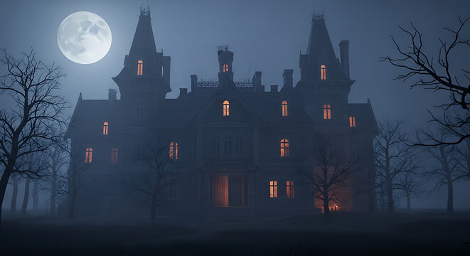 Spooky haunted gothic mansion silhouetted against a full moon on a foggy night