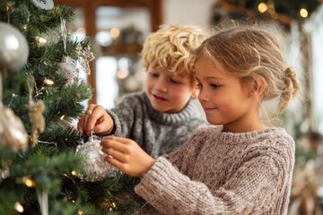 Kids Enjoying Holiday Tree Decoration