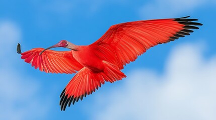 A vibrant scarlet ibis soars gracefully against a backdrop of clear blue sky with scattered clouds