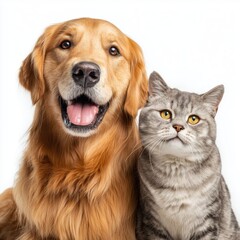 Obraz premium Golden retriever and gray cat together, white background cut out png