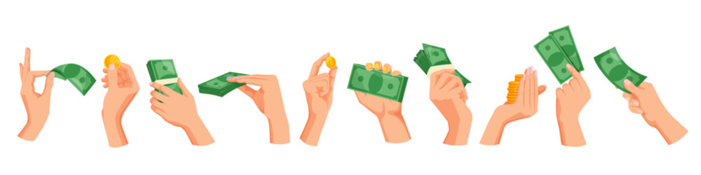 Multiple human hands holding paper money and coins in different ways, cartoon style on white background. Concept of finance and payment. Vector illustration