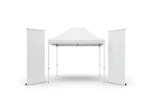 Versatile white pop-up canopy tent and blank banner stands ready for your branding at the next tradeshow or outdoor event invitation