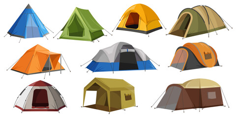 Set of ten colorful camping tents in different shapes and colors, flat graphic style on white background. Concept of outdoor adventure. Vector illustration