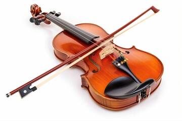 Fototapeta premium Classic Wood Violin with Bow Resting on Strings Musical Instrument Close on transparent background