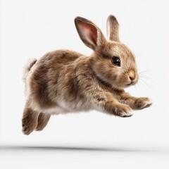 Fototapeta premium Cute brown bunny jumping, isolated, white, background, png, cut, out, transparent, white background cut out png