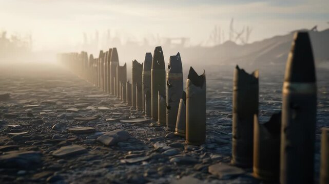 Line of broken bullet casings on cracked ground landscape after war, fog, wasteland, destruction, shells, ammunition, conflict, military action, post-apocalyptic.