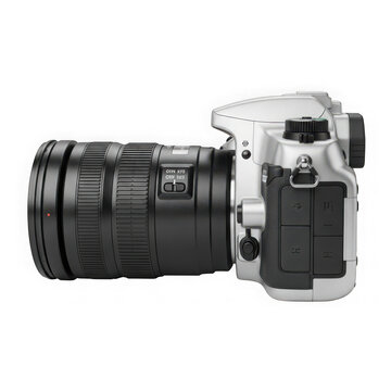 Digital camera with a telephoto lens isolated on transparent background