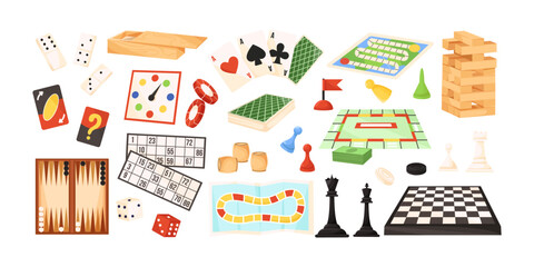 Various board game pieces, cards, dice, and accessories in flat cartoon style on white background. Concept of leisure and entertainment. Vector illustration