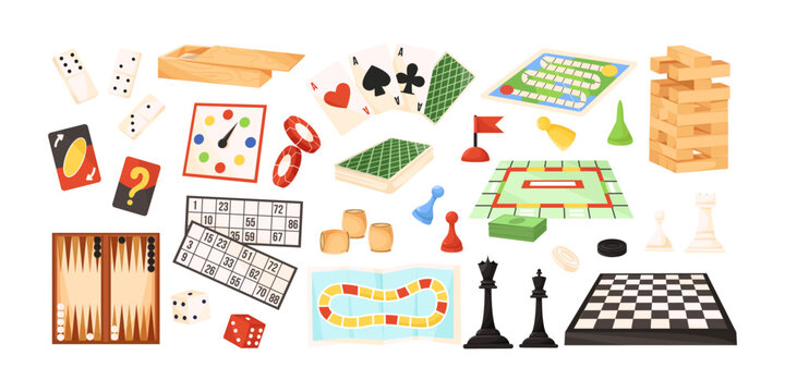 Various board game pieces, cards, dice, and accessories in flat cartoon style on white background. Concept of leisure and entertainment. Vector illustration