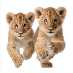 Obraz premium Two adorable lion cubs running towards the viewer, white background cut out png