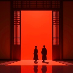 The scene of two people standing in the red door