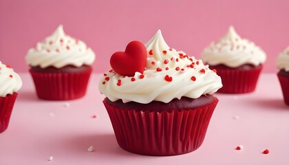 Valentine's Day cupcakes with heart decorations on a pink background.