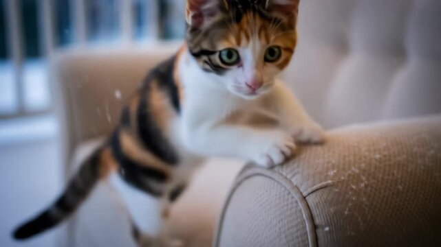 Adorable calico kitten playfully climbing on an indoor sofa. Cute cat, pet, feline, playful, indoor, animal, sofa.