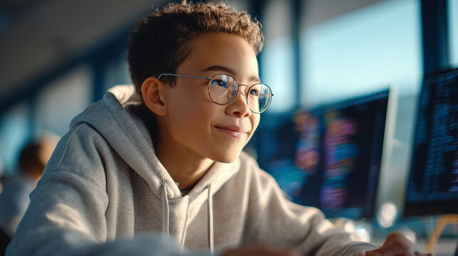 Young boy studying while using computer in modern classroom   - Powered by Adobe