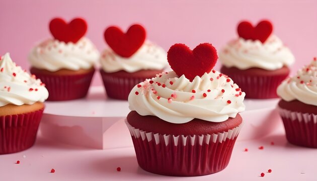 Valentine's Day cupcakes with heart decorations on a pink background.