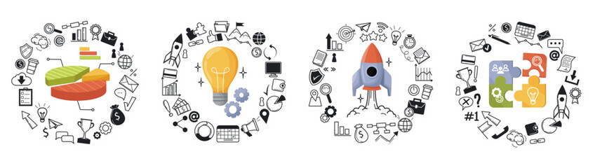 Set of business concept icons with pie chart, lightbulb, rocket, and puzzle pieces in colorful style on white background. Vector illustration