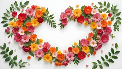 Heart-shaped floral arrangement with colorful flowers and green leaves on white.