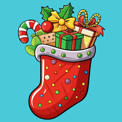 A vibrant red christmas stocking overflowing with festive gifts candy cane holly and a bright yellow bow on a teal background