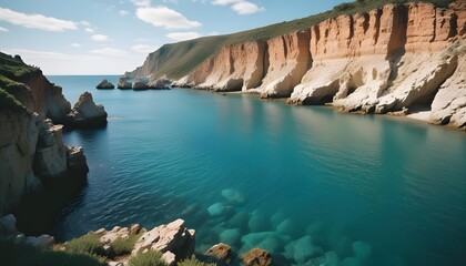 Obraz premium Scenic coastal landscape with turquoise water and dramatic cliffs under a blue sky.