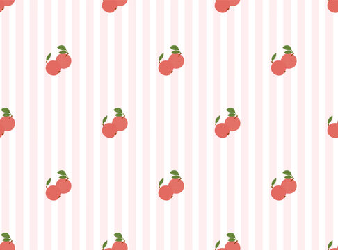 Apple seamless pattern on verticaly pink stripes. Fruits background for fabric, tablecloth, clothes scrapbooking. Vector illustration