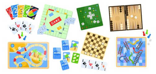 Obraz premium Assorted board and card games including chess, snakes and ladders, and memory game in flat cartoon style on white background. Vector illustration
