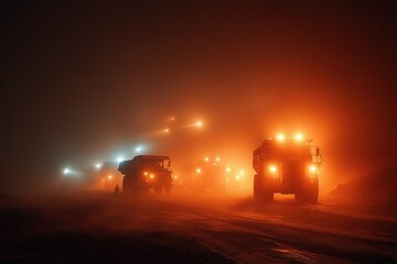 Mining Trucks Driving in Thick Fog at Night with Orange Glow and Headlights