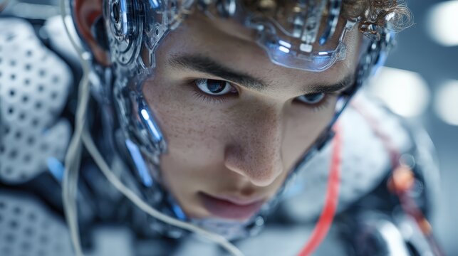 Cyborg athlete training, futuristic sports facility with biomechanical athlete enhanced by robotic exoskeletons, performance innovation shown. - Powered by Adobe