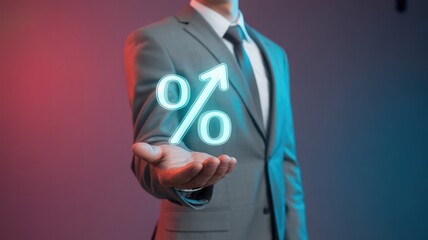 Unlock growth potential with a vibrant glowing percentage increase symbol held by a confident professional