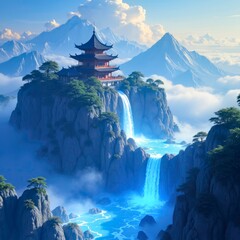 The ancient architecture on the mountaintop and the magnificent scenery of waterfalls