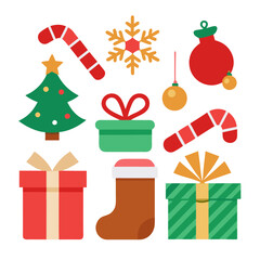 Collection of festive christmas icons including a tree gifts candy canes ornaments a snowflake and a stocking