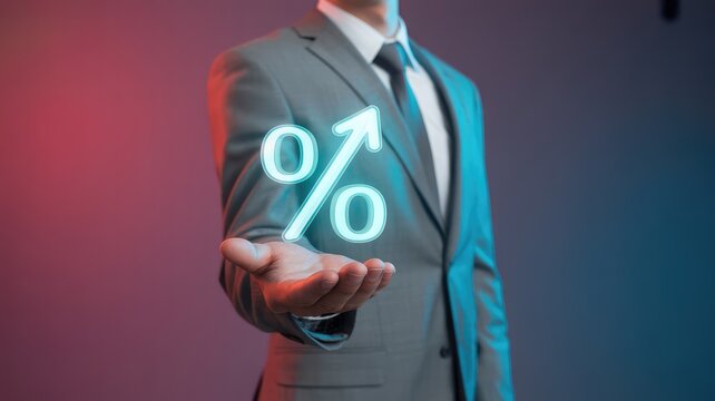 Unlock growth potential with a vibrant glowing percentage increase symbol held by a confident professional - Powered by Adobe