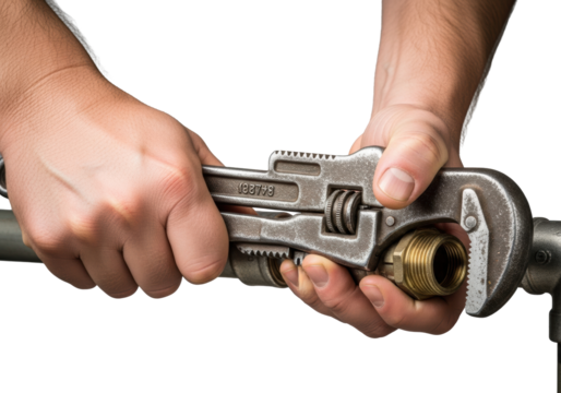 Adult male plumber's hands with a strong grip tightening a brass pipe fitting with a heavy-duty pipe wrench, isolated on a transparent background, concept of industrial precision
