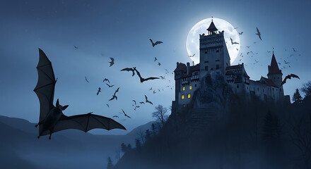 Mysterious gothic castle silhouetted against a full moon with bats flying