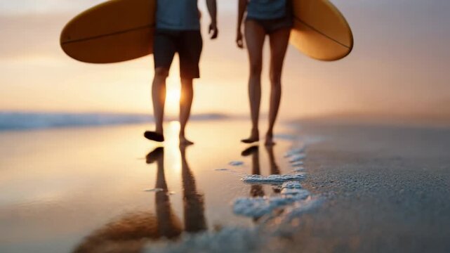 Romantic sunset moment featuring surfing couple walking along shoreline, surfboards in hand, silhouetted against golden light with wet sand mirroring peaceful scene