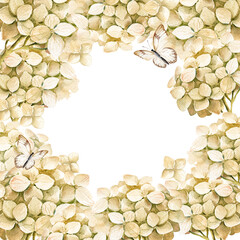 beige frame with watercolor hydrangea branches with flowers, butterfly, garden flowers in vintage style, pastel colors blossom flowers heard, bud for greeting card, anniversary, wedding decoration