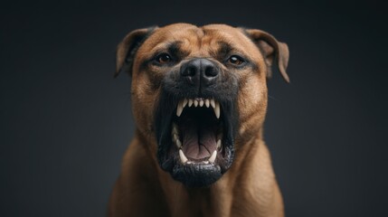 Obraz premium Intense Close-Up of Aggressive Dog Showing Teeth with Dark Background for Powerful Animal Portrait Imagery in Stock Photo Environment