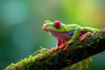 A vibrant red-eyed tree frog grips a moss-covered branch, its colorful limbs and bright green body standing out in the jungle.
