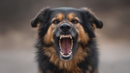 Aggressive dog barking with open mouth showcasing sharp teeth in outdoor environment with blurred background, emphasizing intense expression and fierce demeanor