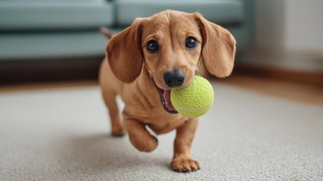Playful dachshund puppy runs joyfully while holding bright green tennis ball in its mouth, showcasing excitement and playful nature indoors.