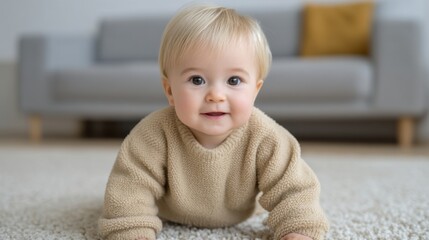 Fototapeta premium Adorable Baby Crawling on Soft Floor in Cozy Living Room, Bright Smiles, and Neutral Tones Perfect for Family Lifestyle Captures