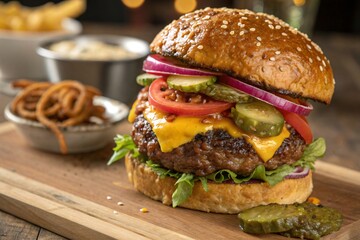 Gourmet cheeseburger with beef patty melted cheese lettuce tomato onion pickles bacon on sesame bun Wooden board