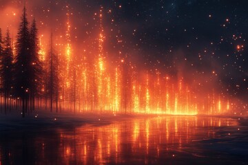 Fototapeta premium Fire raging in the forest under a fiery sky.